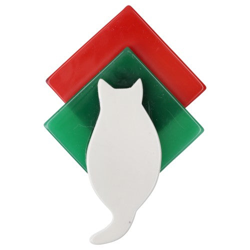 Italian White Kitty on Green and Red Brooch 