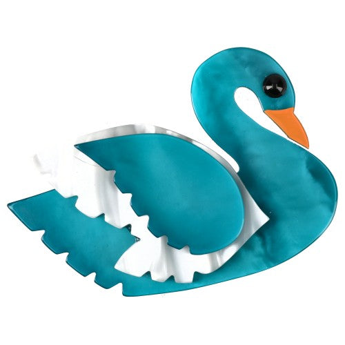 Ocean Blue and Iridescent White Swan Bird Brooch