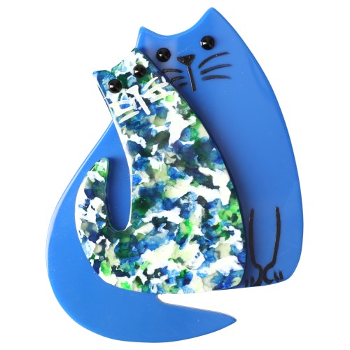 Cobalt Blue and Glitter Blue Cat Couple Brooch