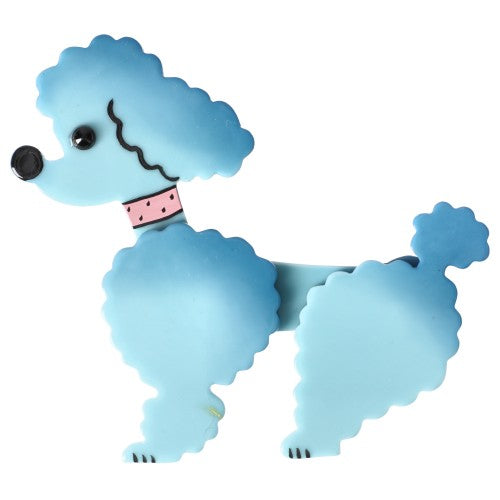 Azur Blue Ari Poodle Dog Brooch with a pink necklace