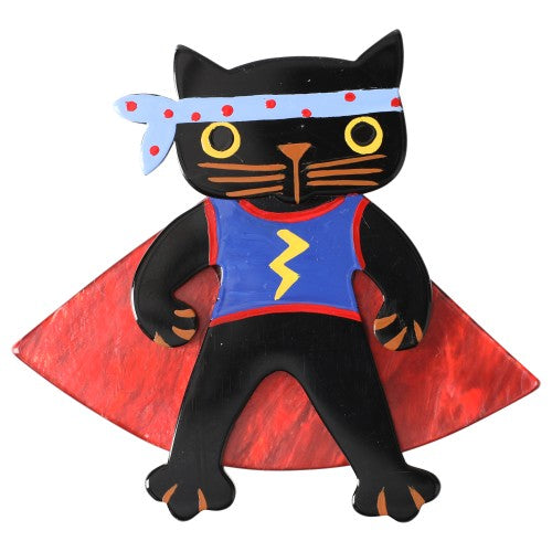 Black, cobalt and red Bandit Cat Brooch