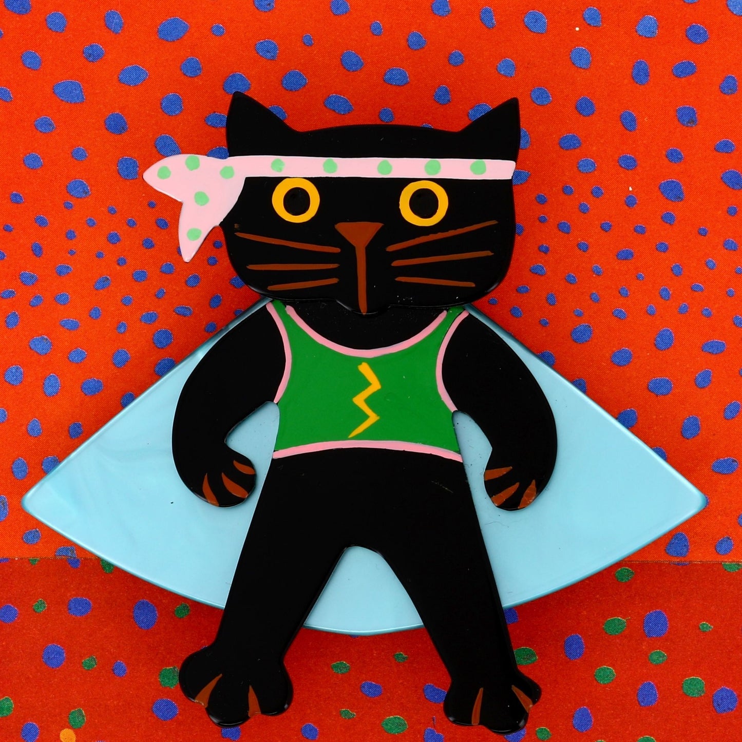 Black, green and aquamarine Bandit Cat Brooch