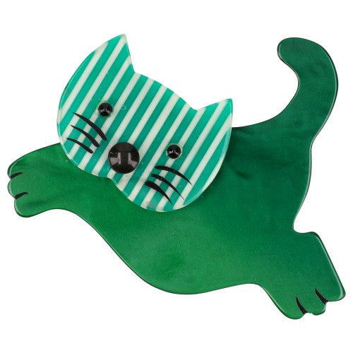 Green and Striped Green Leaping Cat Brooch