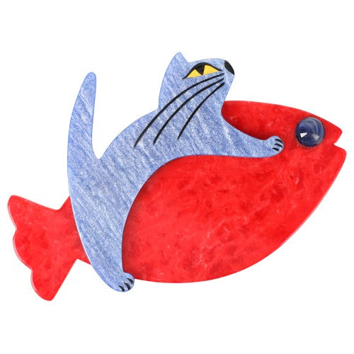 Red and Heather Blue Sinbad Cat Brooch