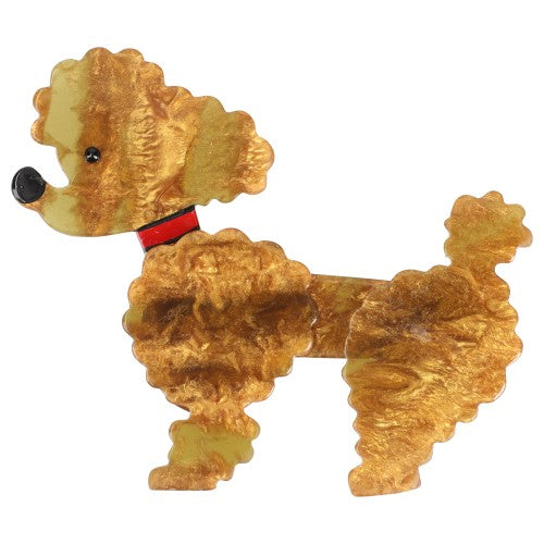 Pearly Ginger Ari Poodle Dog Brooch with a red necklace