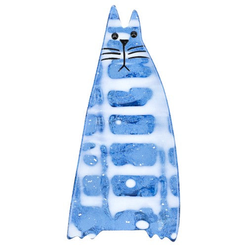 Horizon Blue and White Standing  Chadok Cat Brooch with Black Eyes 