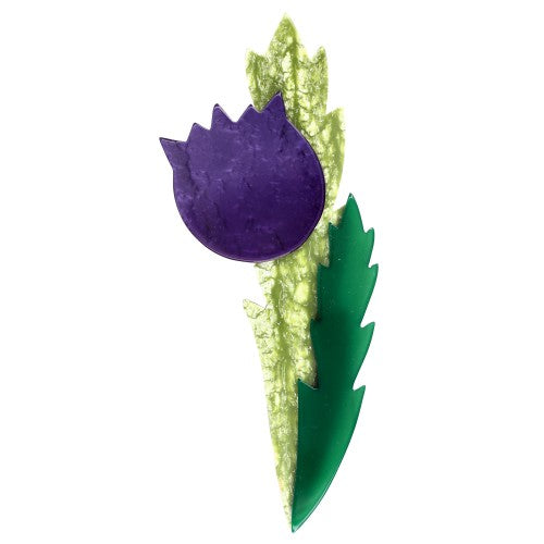 Purple Thistle Flower Brooch with Lichen and Fir Green 