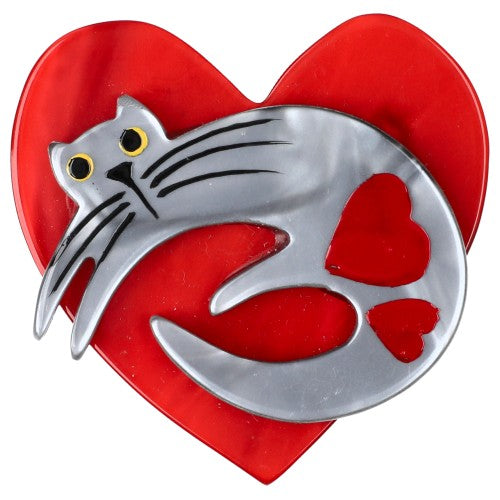 Grey Cat on Red Heart Brooch