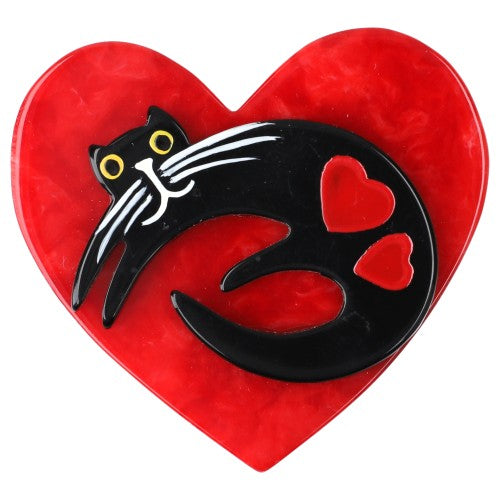 Black  Cat on Pearly Red Heart Brooch (small size) 