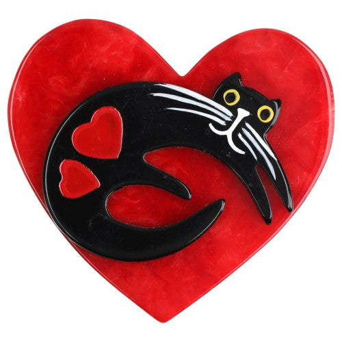 Black  Cat on Pearly Red Heart Brooch (small size) 