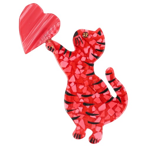 Red Mosaic Standing Valentine Cat Brooch 