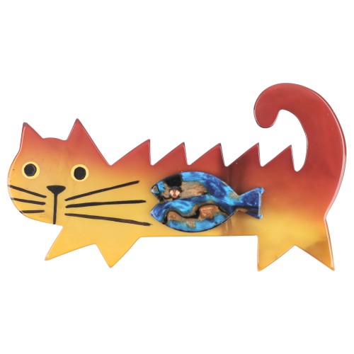 Ocher and Blue Fish Cat Brooch