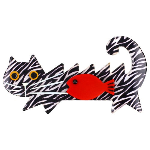 Black-White Zebra with Red Fish Cat Brooch (Left)