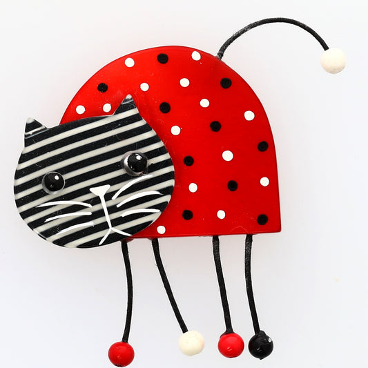 Red-polka dot Zebulon Cat Brooch with striped head