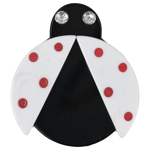 White and Black Ladybug in Flight Brooch with Red Dots