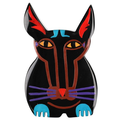 Black With turquoise, Red, Brown and Purple Cotinus Cat Brooch