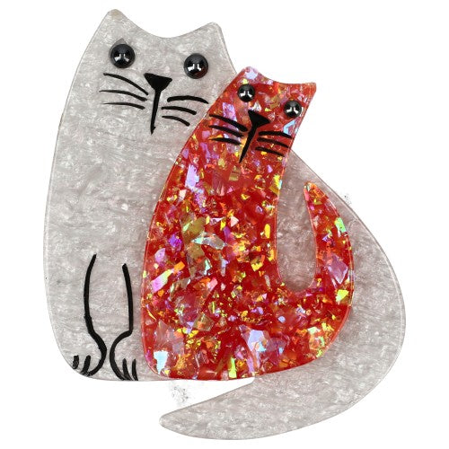 Glitter White and Glitter Red Cat Couple Brooch 