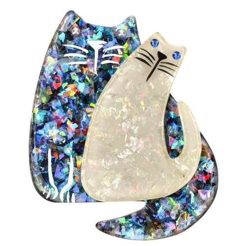 Brilliant Blue and Brilliant White Cat Couple Brooch