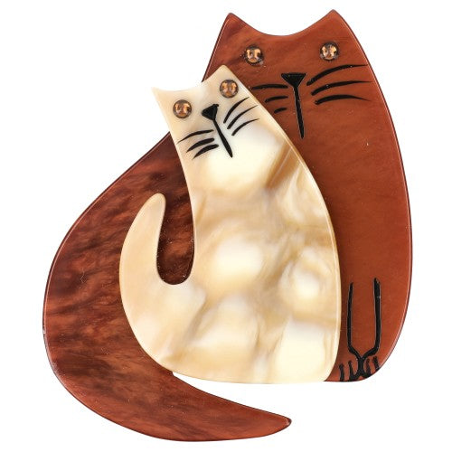 Brown and Vanilla-Coffee Beige Cat Couple Brooch 