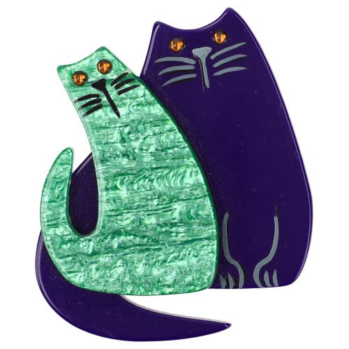 Purple and Iridescent Green Cat Couple Brooch