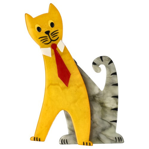 Corn Yellow and Light Grey Tie Cat with a Red Tie