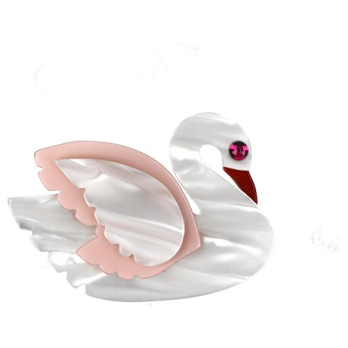 Iridescent White and Pink Swan Bird Brooch 