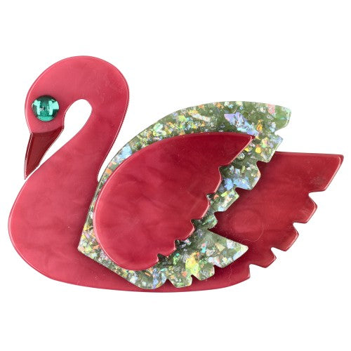 Raspberry Pink and Almond Brilliant Green Swan Bird Brooch