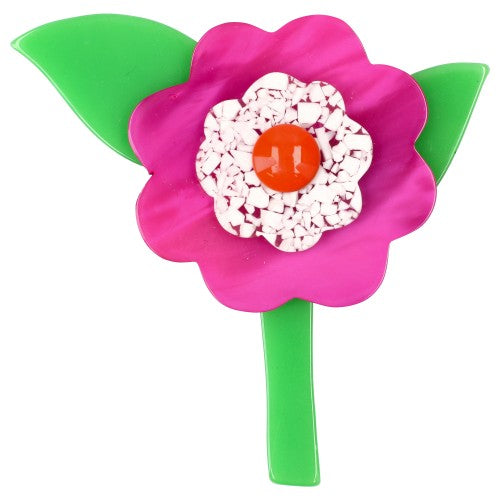 Fuchsia Pink, White Mosaic, orange  and Grass Green Buttercup Flower Brooch