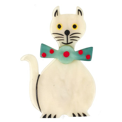 White and Almond Green Dandy Cat Brooch 