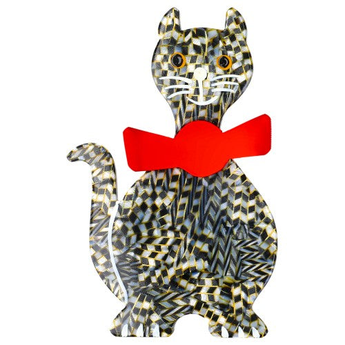 Black and White Checkers Dandy Cat Brooch with a Scarlet Red Bow 