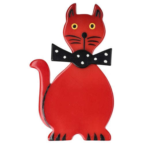 Red Dandy Cat Brooch with a black and white bow