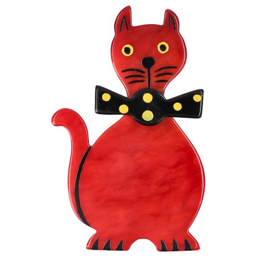 Red Dandy Cat Brooch with a black and yellow bow 