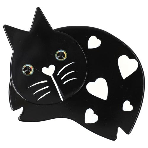 Black with White Hearts Plump Cat Brooch