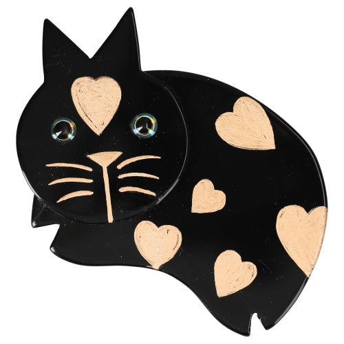 Black with Dold Hearts Plump Cat Brooch 