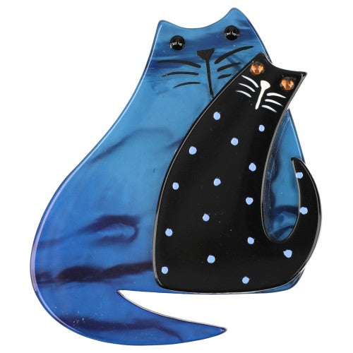 Blue and Black with Polka Dots Cat Couple Brooch