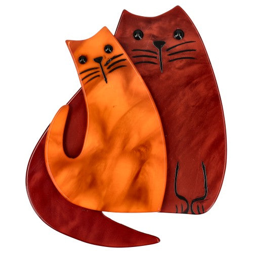 Carmin Red and Ginger Orange Cat Couple Brooch 