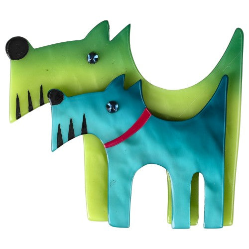 Anise Green and Turqoise Blue Double Dog Brooch