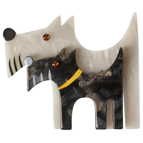 White and Anthracite Grey/iridescent yellow Double Dog Brooch