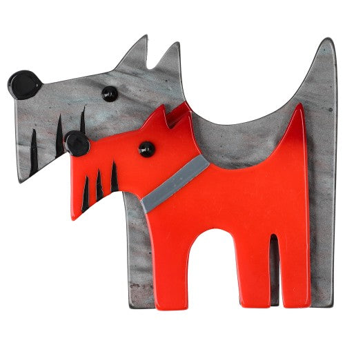 Scarlet Red and Grey Double Dog Brooch