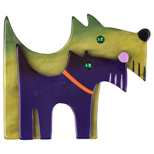 Moss Green and Purple Double Dog Brooch