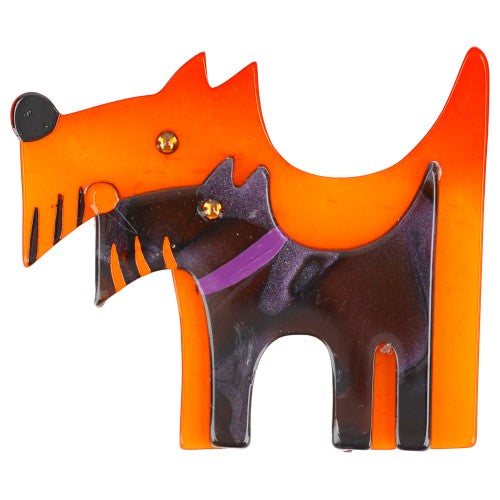 Bright Orange and Iridescent Purple Double Dog Brooch 