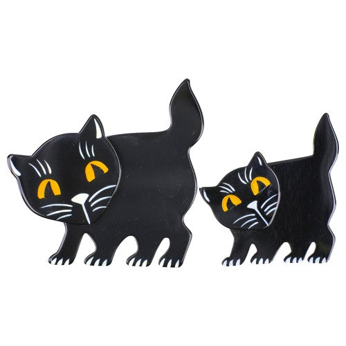 Black Bushed Cat Brooch (mother and kitten)