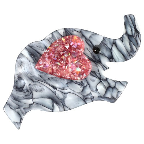 Marble Grey Elephant Heart Brooch with a Brilliant Pink Ear