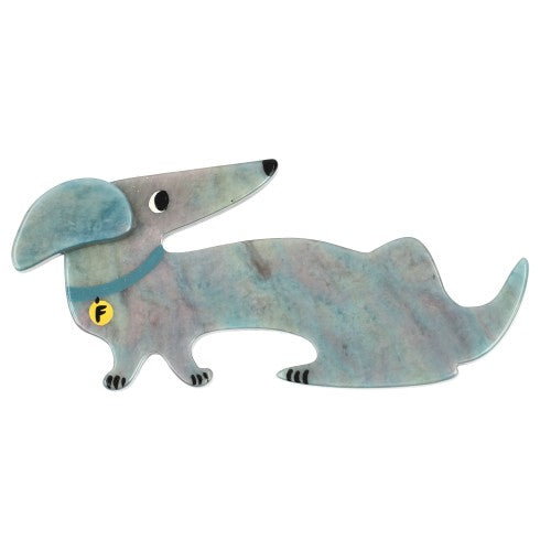 Agate Dachshund Fifi Dog Brooch with a Blue necklace 