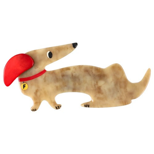 Beige Dachshund Fifi Dog Brooch with a Red Hear and  Necklace 