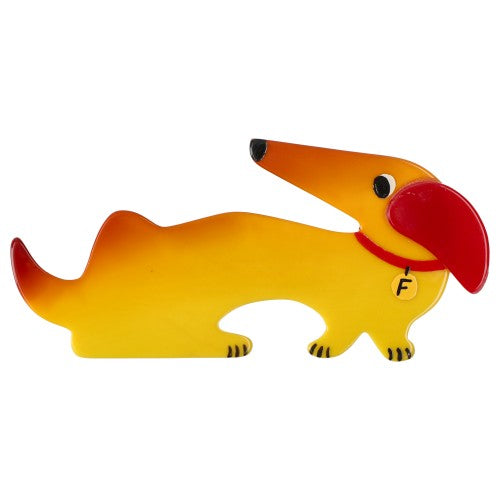 Sun Yellow Dachshund Fifi Dog Brooch with red ear