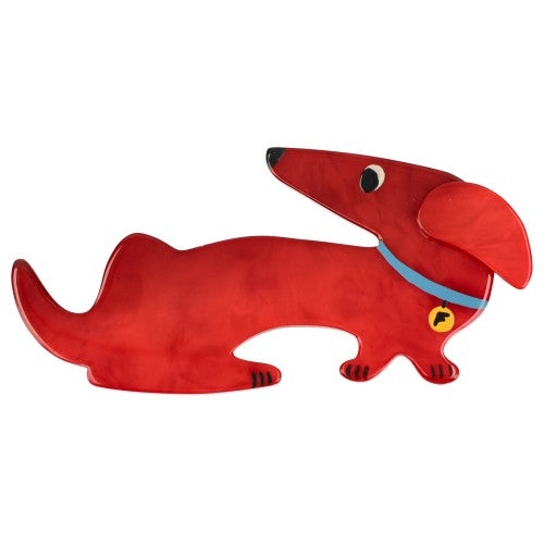 Red Dachshund Fifi Dog Brooch with a Blue necklace