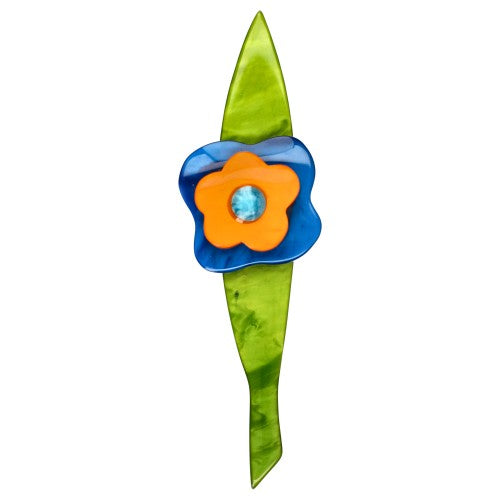 Ocean Blue, Orange and Moss Green Flower Brooch