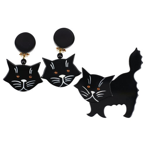 Black and White Fripon Cat Set (Brooch and Earrings)