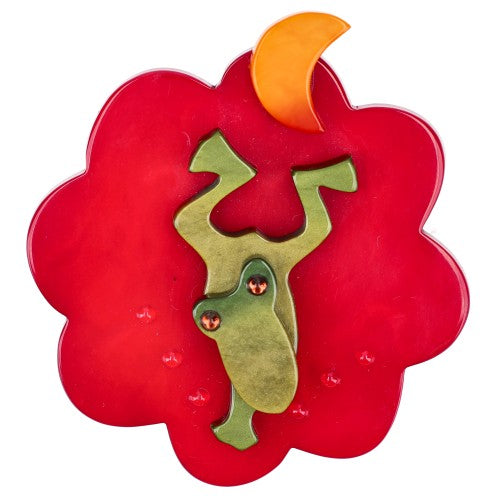 Red and Moss Green Frog Water Lily Brooch (small size)